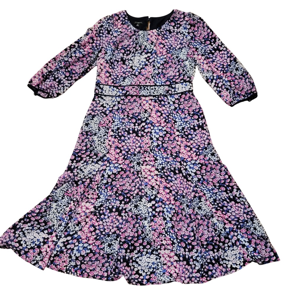 Talbots 6P Midi Dress Navy Pink Floral Garden Fit Flare Modest Cottage Summer